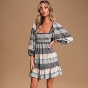 Free People "All Lined Up" Blue Multi Striped Puff Sleeve Mini Dress